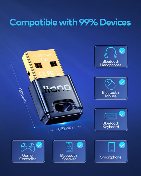 Bluetooth 5.1 USB Adapter - Driver-Free, Plug & Play for Windows PC. For Headphones, Mouse, Keyboard, Speaker, Printer, Laptop....