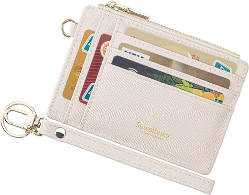 Wikavanli Women Slim Rfid Blocking Credit Card Case Holder Wristlet Zip ID Case Wallet Small Compact Leather Wallet Coin Purse with Keychain (Beig...