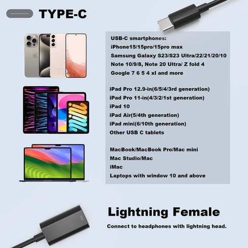 USB C Male to Lightning Female Adapter 2-PACK, USB C to Lightning Headphone Converter for Audio Compatible with iPhone 15 Series, iPad Pro, MacBoo...