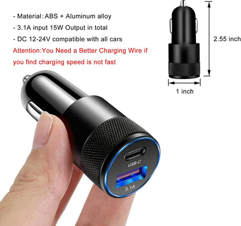 Car Charger 3.1A USB Type C PD Apple Android Cellphone Charging Automobile Adapter Medium Charging All Vehicle Cigarette Lighter Outlet Port Plug...