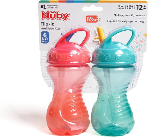 Nuby 2-Pack Flip-It Easy Grip Cups with Easy-Flo Straw, 10 Ounce, Colors May Vary...