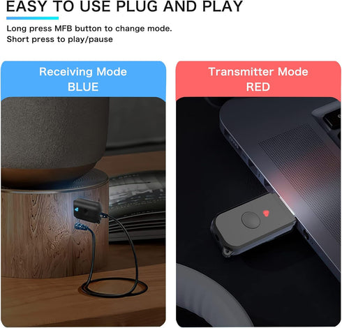 2 in 1 Bluetooth V5.3 Transmitter Receiver, USB Bluetooth Adapter, Wireless Audio Transmitter for TV to Bluetooth Headphones, Low Latency, Power b...