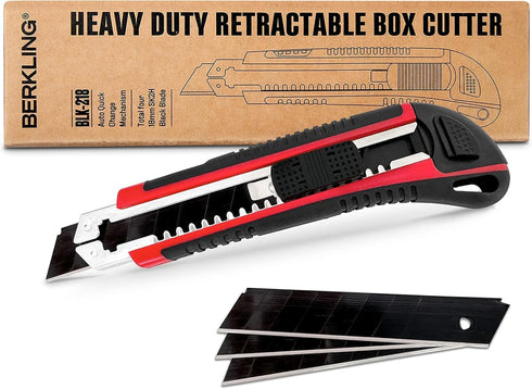 Berkling 18mm Retractable Utility Knife with 4x SK2H Snap Off Black Spare Blades (18mm 1 PACK)...