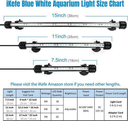 iKefe 11" White & Blue Submersible LED Aquarium Fish Tank Light with Timer/Dimmable Underwater Fish Tank Aquarium LED Lights Fixture for Saltwater...
