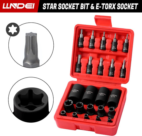 Torx Bit Socket and Female External Socket Set 24PCS, LLNDEI 10 Star Socket Bits (T8-T40)& 14 Female E-Torx Sockets (E4-E24) 1/4" 3/8" 1/2", CR-V,...