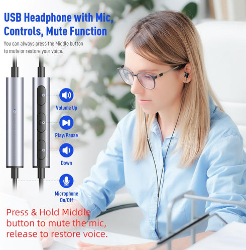 USB Headphone for PC Laptop Wired Earbuds Computer Headset with Microphone Volume Control Mute Button Mic Lightweight Noise Canceling in-Ear Corde...