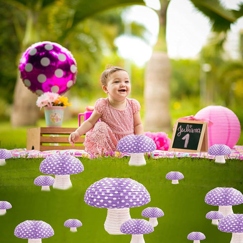 3Pcs Purple Large Mushroom Shaped Paper Lanterns for Forest Jungle Wonderland Themed Birthday Party Decor Hanging 3D Mushroom Ornament Backdrop fo...