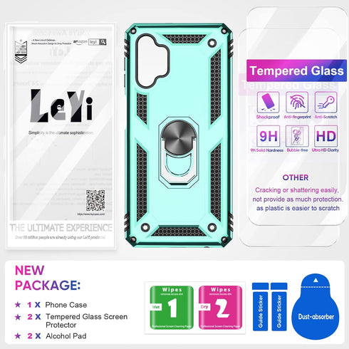LeYi Samsung Galaxy A32 5G Case, Mint Military-Grade Ring Holder Kickstand Phone Case with 2 Pack Tempered Glass Screen Protector (Not Fit 4G)...