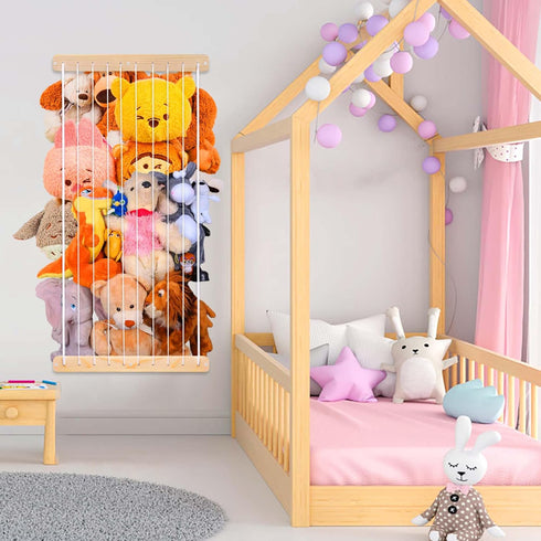 Stuffed Animal Storage Wall, Creative Hanging Kids Stuffed Animal Zoo Organizer Holder,Over Door Large Plush Storage Hammock Net,Wood Plushie Stor...
