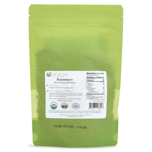 Biokoma Pure and Organic Rosemary Dried Leaves 100g (3.55oz) In Resealable Moisture Proof Pouch, USDA Certified Organic - Herbal Tea, No Additives...