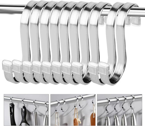 10 Pack Flat S Hooks - Stainless Steel Heavy Duty 3inch S Hooks for Hanging pots, Pans, Plants, Coffee Mugs, Towels in Kitchen and Bathroom, Coat,...