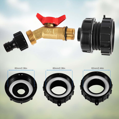 IBC Tote Adapter, 2 Sizes 275-330 Gallon IBC Bag Tank Fittings 1/2in Solid Brass Water Shut-Off Valve Faucet 2.44in Fine Thread & 2.36in Coarse Th...