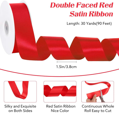 Double Faced Red Satin Ribbon, 1-1/2 Inch 30 Yards Red Ribbon for Gift Wrapping Crafts Flower Bouquet Wedding Party Birthday Decoration...