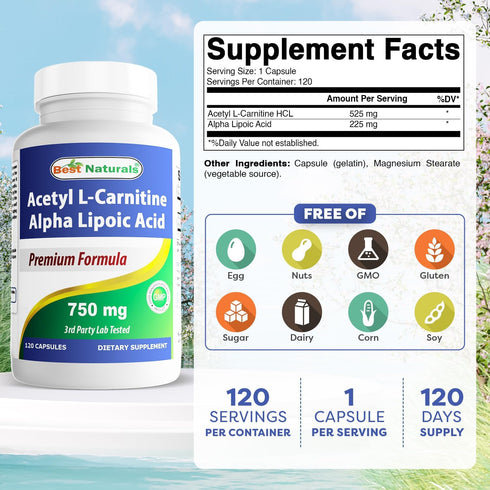 Best Naturals Acetyl L-Carnitine and Alpha Lipoic Acid 750 mg 120 Capsules...