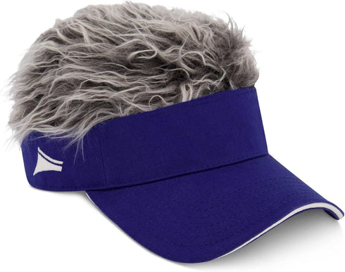Flair Hair Sun Visor Cap with Fake Hair, Grey Hair with Royal Blue Adjustable Baseball Hat, Royal Blue...