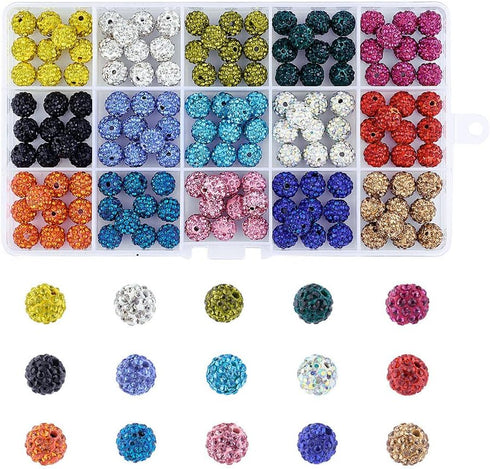 Beadthoven 1Box/150pcs 10mm 15 Colors Pave Czech Crystal Rhinestone Clay Spacer Beads Round Polymer Disco Ball Beads Charms for DIY Bracelet Earri...
