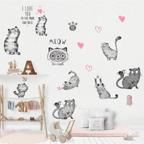Cartoon Cats Wall Decals - MAIYU 9 Cute Kittens with Butterfly Heart Paw Print Wall Stickers for Kids Bedroom Living Room Nursery Home Decorations...