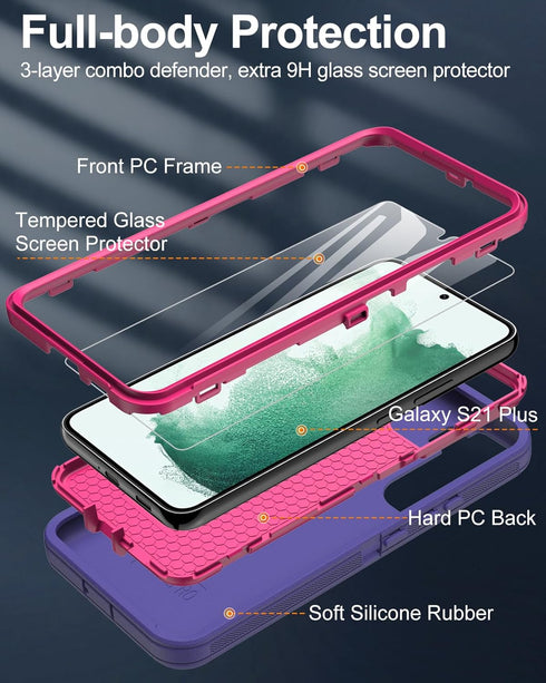 for Samsung Galaxy S21 Plus 5G Phone Case, with Screen Protector, Dust-Proof Port Cover, Full-Body Non-Slip Silicone Rubber Covered, Military Grad...
