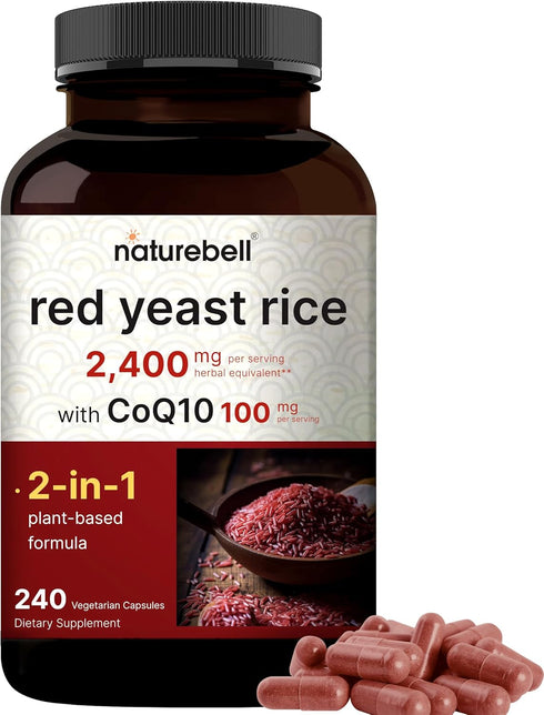 NatureBell Red Yeast Rice 2,400mg with CoQ10 100mg | 240 Veggie Capsules (1,200mg Per Capsule) – Max Strength Herbal Supplement – Antioxidant Supp...