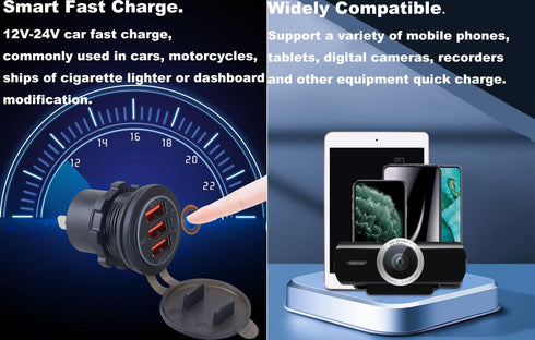 3 Ports Quick Charge 3.0 USB Car Charger, 18W QC3.0 USB Cigarette Lighter Outlet Socket with Switch, 12V-24V Dashboard Flush Mount Charger for Car...