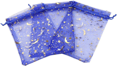 100Pcs 4x6 Inches Sheer Organza Drawstring Pouches Stars and Moon Wedding Party Favor Jewelry Candy Gift Bags (Blue)...