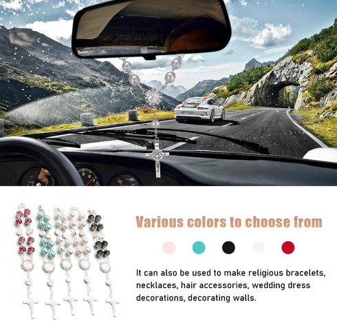 Car Rosary for Rearview Mirror, Personalized Rear View Cross Blessing Beads Decor, Auto Rearview Catholic Rosary Hanging Pendant, Interior Men Wom...