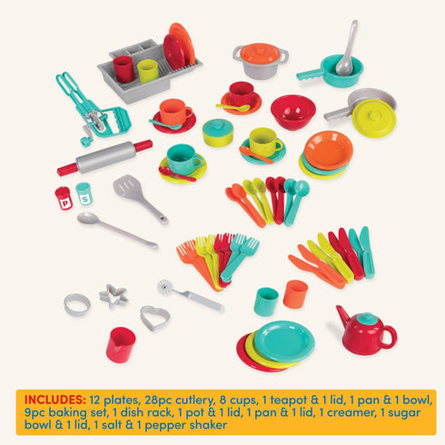 Battat – Toy Kitchen Set – 71Pc Pretend Cooking Accessories – 4 Table Settings & Cutlery – Dishwasher Safe & Worry-Free – 2 Years + – Deluxe Kitch...
