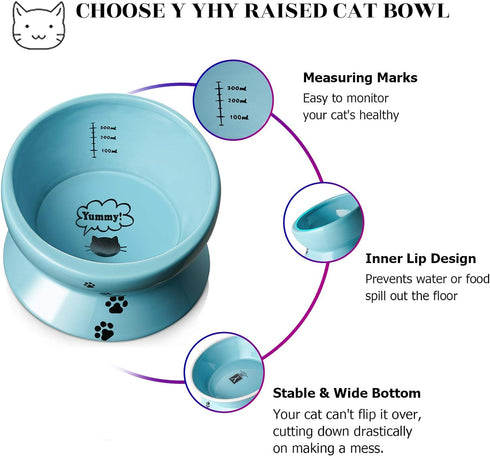 Y YHY Ceramic 15 Ounce Slanted Cat Food Water Bowl, Lake Blue...