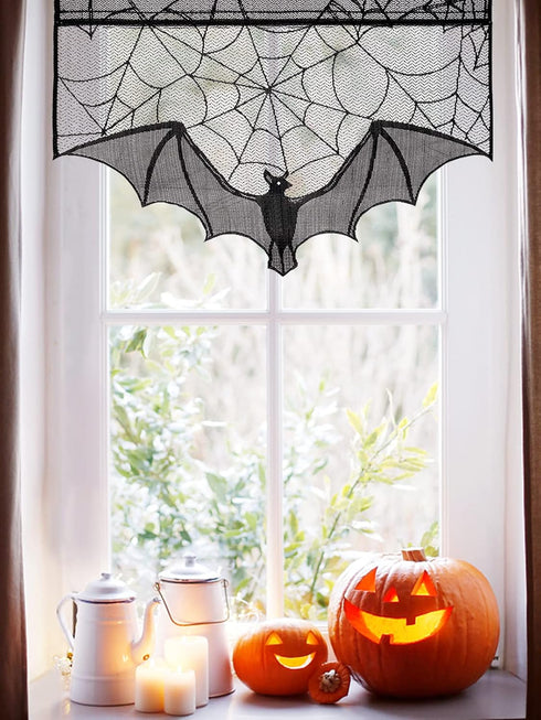 ANPHSIN Halloween Black Lace Spiderweb- 2 Pcs Bat Curtain Window Valance Cobweb Tablecloth Shower Curtains Fireplace Mantles Scarf Cover for Home ...