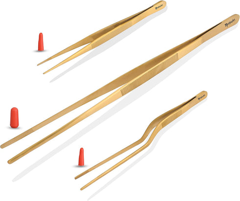 Manjushri Premieum Grade Steel Chef Food Cooking Plating Kitchen Baking 12 Inch XL Long Gold Tong Tweezer Tool Set...