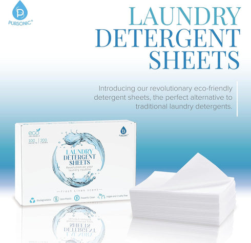 Pursonic Eco Laundry Sheets – Natural Laundry Detergent Sheets w/Powerful Cleaning Power, Fresh Linen Scent - Washer Sheets Detergent - (30-Pack) ...