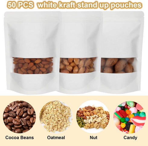 Blisstime 50 Pieces Resealable Bags for Small Business, White Kraft Paper Stand Up Pouches with Matte Window Reusable Heat Sealable Bags for Packa...