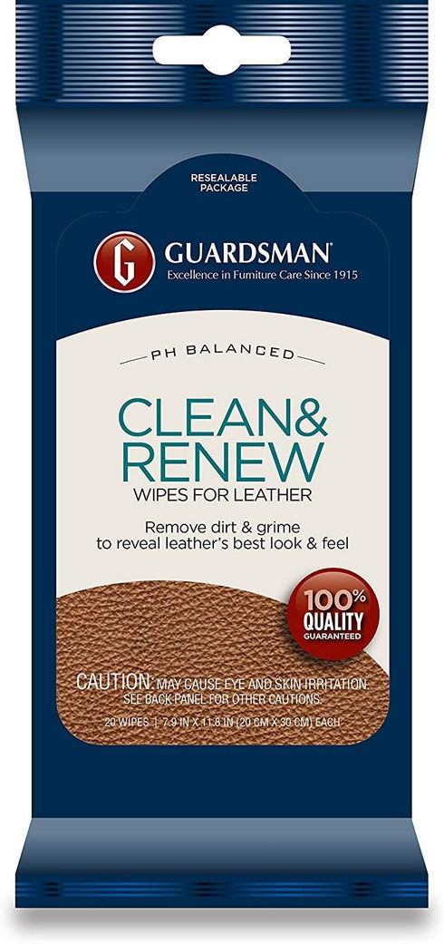 Guardsman Clean & Renew Leather Wipes - 20 Count - Removes Dirt & Grime, Great For Leather Furniture & Car Interiors - 2 Pack...