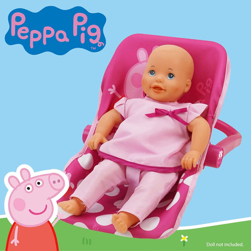 Peppa Pig: Baby Doll Car Seat - Pink & White Dots - Fits Dolls Up to 18" Convertible Into A Feeding Chair, Plastic Shell W/Fabric, Harness Belt, P...