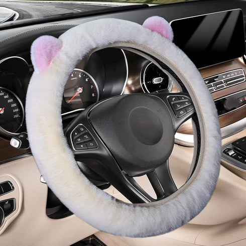 Cartoon Cute Fluffy Steering Wheel Cover for Women Girls,JXJKMMN Furry Ear Steering Wheel Cover Winter Warm Fuzzy Car Steering Wheel Cover Lovely ...