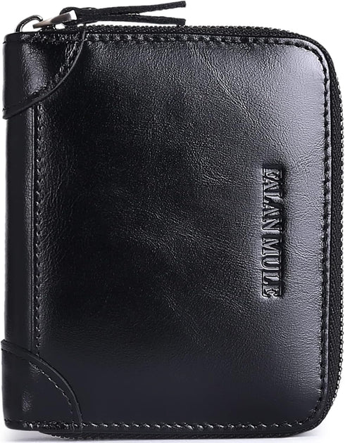 FALAN MULE Wallets For Men Genuine Leather Short RFID Blocking Zip-around Bifold Wallet?Black?...