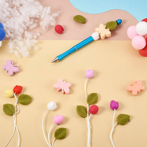 Craftdady 32Pcs Tulip Butterfly Leaf Silicone Focal Beads Spring Theme Flower Beads Keychain Making Kit with Nylon Cord for Crafts DIY Beadable Pe...