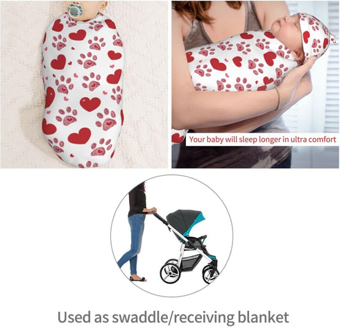 Love Hearts Dog Paw Print Newborn Swaddle Blankets Hat Sets Soft Baby Receiving Blanket Swaddle Sack for Baby Shower Infant Boy Girl Gift...