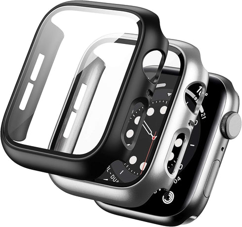 BHARVEST 2 Pack Hard PC Case Compatible with Apple Watch SE 2022/Series 6/5/4/SE 44mm, Case with Tempered Glass Screen Protector Overall Bubble-Fr...