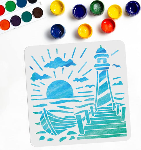 Lighthouse Stencils 11.8 x 11.8 Inch Sea Ocean Nautical Sailboat Stencils Reusable PET Summer Clouds Sun SeagullsStencils for Painting on Walls, A...