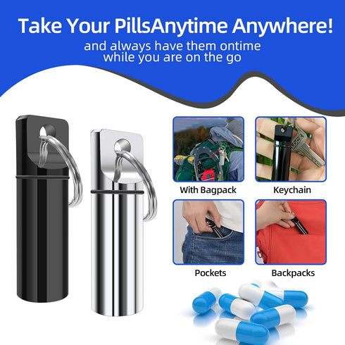 2 Pack Small Pocket Pill Box Keychain, Portable Mini Aluminium Alloy Pill Organizer Case Container for Purse, Waterproof Metal Pill Holder Medicin...