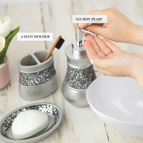 Crackled Glass Silver Hand Soap Dispenser for Bathroom, Decorative Countertop Lotion Dispenser, Elegant Liquid Soap Dispenser with Sturdy Pump for...