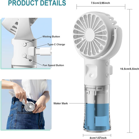 Handheld Fan Misting Hand Held Fan Rechargeable Battery Operated Portable 4 Speeds & 55ml Spray & 360° Foldable USB Personal Water Fan for Travel ...