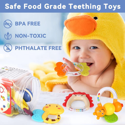 MOONTOY Baby Rattles Teether Set Toys for 0 1 2 3 4 5 6 7 8 9 10 11 12 Month Old Baby Boy Girl, 9PCS Baby Toys Sensory Toys Early Development Newb...