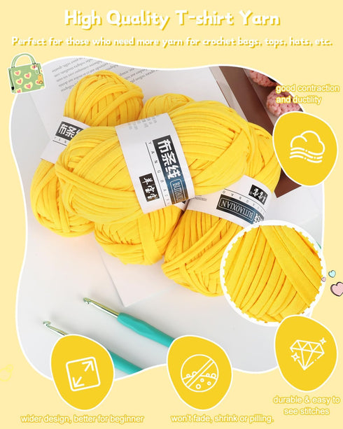 Katech 4 Pack 100g T Shirt Yarn Kit, Fabric Yarn for DIY Hand Knitting, 130 yds Spaghetti Yarn Yellow Crochet Cloth Yarn for Crocheting Bag & Bask...