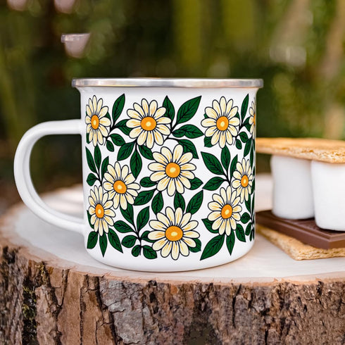 Floral Daisy Enamel Camping Coffee Mug, Nature Flowers Botanical Gift Cup for Friend Coworker Women Mom Daughter (12oz)...