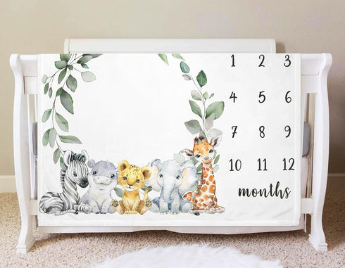 Safari Milestone Blanket, Jungle Wild Animals Baby Growth Chart Monthly Blanket, Watch Me Grow Jungle Safari Baby Nursery for New Moms Baby Shower...
