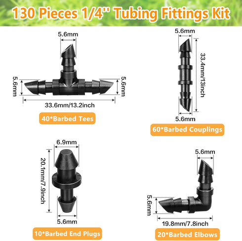 Drip Irrigation Fittings Kit for 1/4" Tubing, 130 Pieces Drip Line Connectors for Drip Systems - 60 Couplings, 40 Tees, 20 Elbows, 10 End Plugs - ...