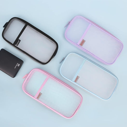 BOVKE Grid Mesh Pencil Case Pen Bag Clear Case Pen Marker Pouch School Stationery Organizer Teen Girls Boys Transparent Art Supplies Case Travel O...