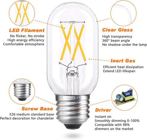 40 Watt Equivalent LED Bulb, E26 Base, Energy Efficient 4W, Soft Warm White 3000K Dimmable 400lm Tubular T14 T45 Edison LED Light Bulbs for Pendan...